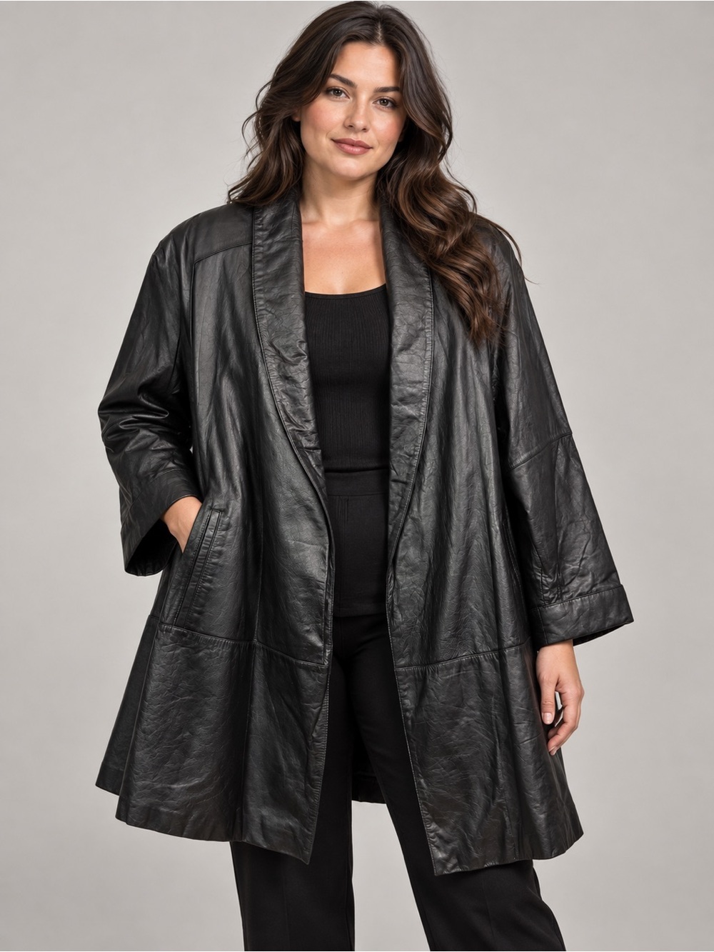 Vintage Jacqueline Ferrar Black Genuine Leather Swing Coat Size 12